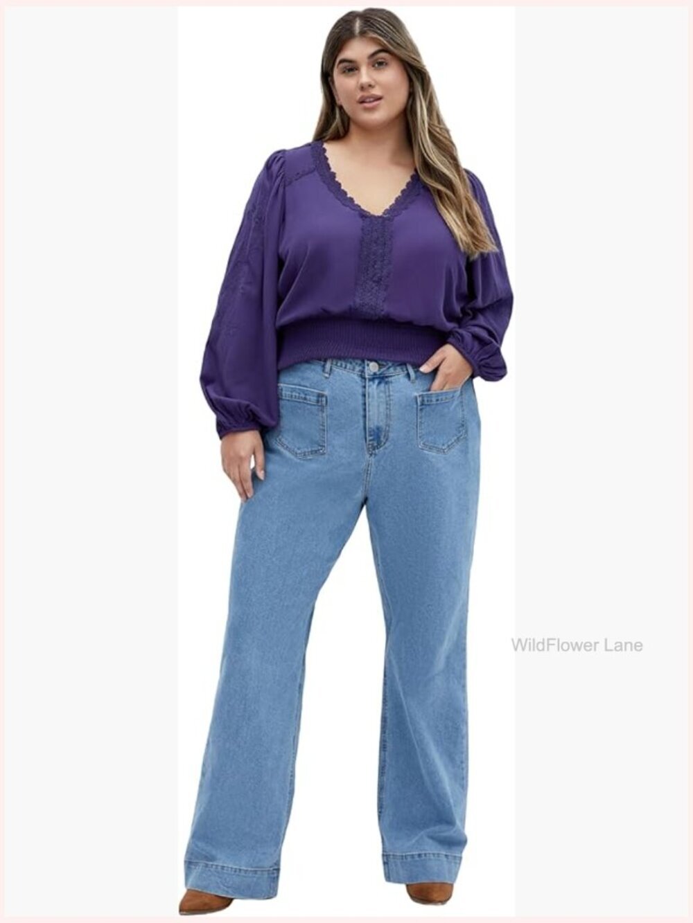 Plus Size Long Sleeve Blouse with Embroidery Lace V-Neck Relaxed Fit